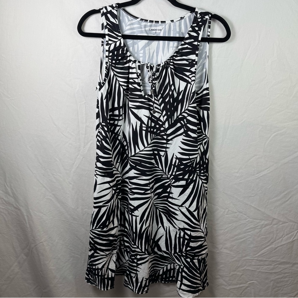 Lands' End Black and White Leaf Print Dress Womens Size M